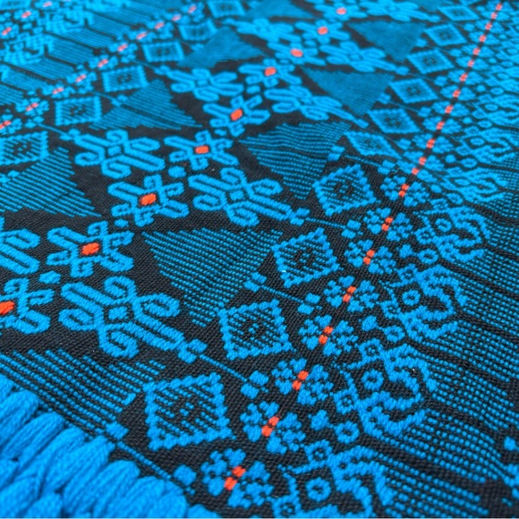 Vintage Guatemalan PONCHO Blue Black Orange Brocade Cotton Blend Hand Loomed - Picture 2 of 14